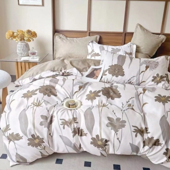 Pościel 160x200 flanelowa biało beżowa w kwiaty FL650